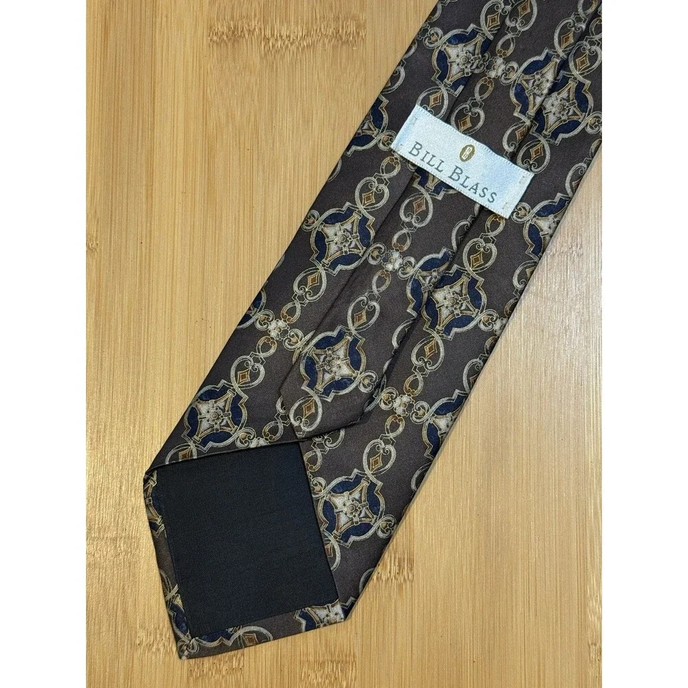 Bill Blass Men's 100% Silk Tie Brown Blue Gold Medallion Executive Necktie